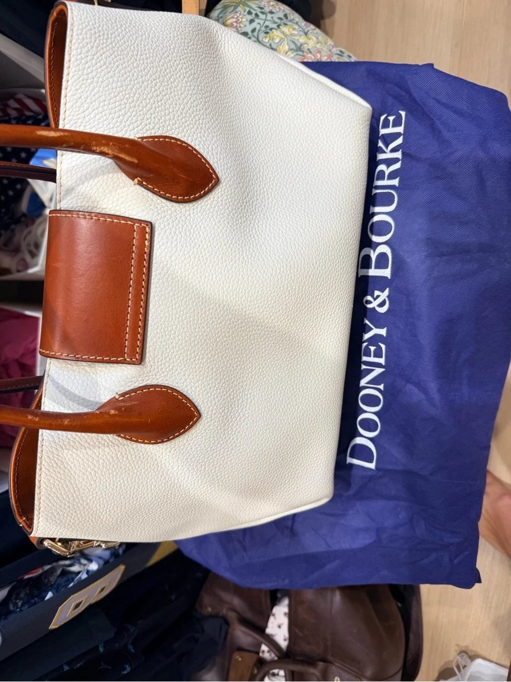 Dooney & Bourke White Leather Satchel with Brown Trim and Gold Hardware